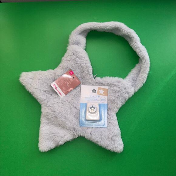 Y2K Japan Soft Fur Plush Star Shoulder Bag Purse Paper Punch Whimsy Gray Grey - Picture 6 of 6